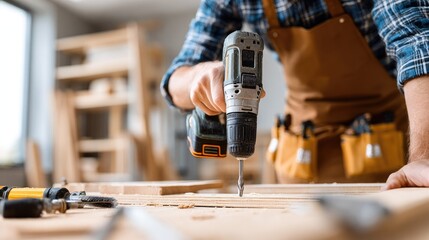 Craftsman using power drill on wooden plank.