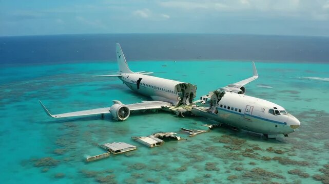 Aerial view of a broken airplane submerged in shallow, clear, turquoise water revealing coral reef, depicting a dramatic scene of a plane crash in a tropical sea