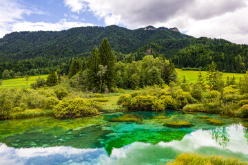 panoramic view of clear transparent mountain lake surrounded by vibrant green forest an fresh filed...