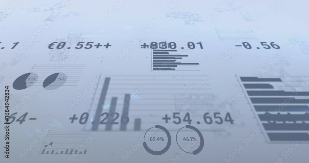 Poster animation of financial data and graphs over grey background