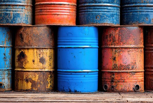 A stack of rusted oil barrels with one blue barrel in the middle, representing chemical waste