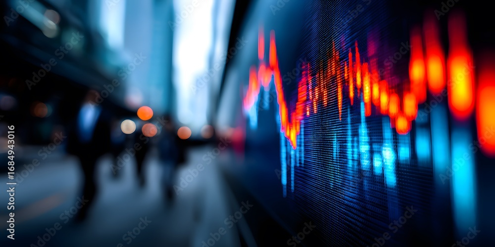 Aufkleber financial data displayed on a large screen in an urban setting with blurred pedestrians in the backg