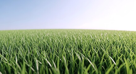 Lush Green Grass Field Stretching Towards A Clear Blue Sky With A Shallow Depth Of Field Effect.