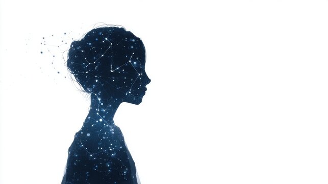 Silhouette of a woman's head with star particles on white background
