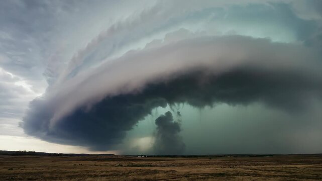 Dramatic supercell thunderstorm forming a mesocyclone with rotating clouds over the plains, creating a powerful and ominous scene of extreme weather
