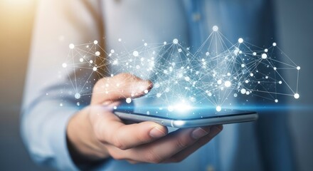 A person holds a smartphone, displaying a network of interconnected nodes and lines, evoking a sense of digital connectivity and technology.