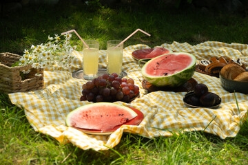 Summer picnic. Fresh fruits and lemonade glasses on picnic blanket.