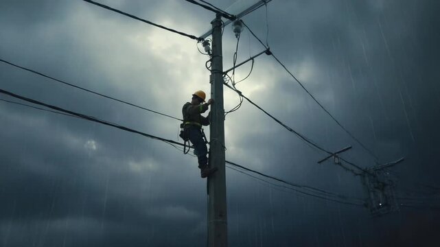 Electrician bravely works on power lines during a heavy downpour, demonstrating dedication and professionalism in challenging weather conditions