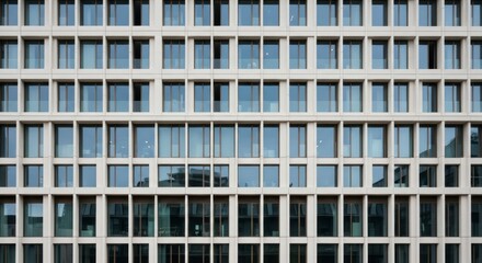 A modern, light beige building facade is filled with numerous identical rectangular windows.