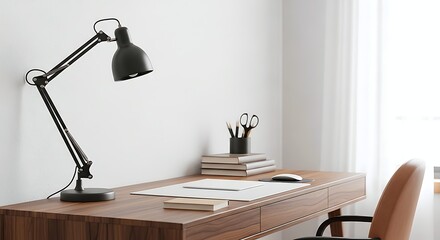 A Clean And Modern Home Office Workspace Featuring A Wooden Desk, Adjustable Lamp, And Essential Supplies, Illuminated By Natural Light From A Nearby Window.
