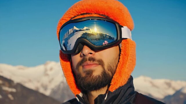 Close-up of a skier wearing ski goggles reflecting the breathtaking view of a snowy mountain landscape at sunset, creating a stunning visual effect