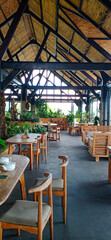 Cafe interior with lighting and seating arrangement