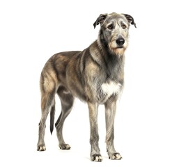  A gentle giant Irish Wolfhound standing majestically with a gray, wiry coat against a clean white background. This male dog is a perfect example of the breed's impressive stature and noble expression
