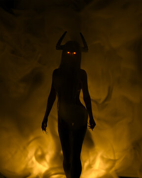 A digital illustration of a Demonic Woman with horns and glowing eyes against a fiery background