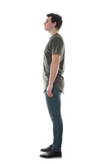 Full length side view portrait of a confident man standing carefree isolated on transparent background