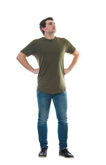 Fototapeta premium Confident young man posing with hands on hips showing chest and inner power, ready for a fight. Confidence expression, strength and motivation concept, male full body length isolated on transparent