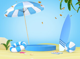 Summer podium with 3D rendering white and blue summer elements for product placement