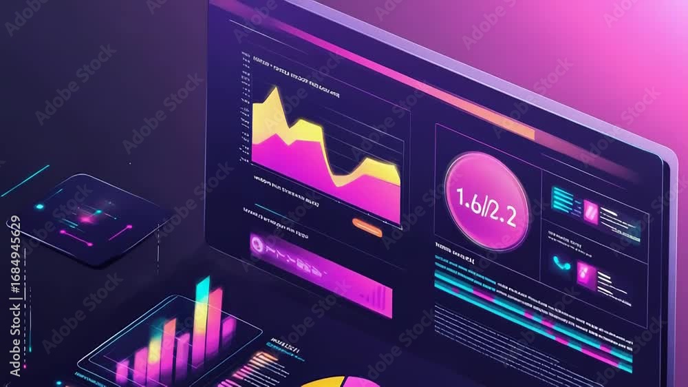 Poster virtual dashboards displaying colorful charts and data analysis for business intelligence