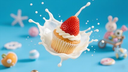 Fresh Strawberry Cupcake with Cream Splash on Blue Background