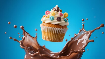 Colorful Cupcake with Cream Frosting and Chocolate Splash on Blue Background