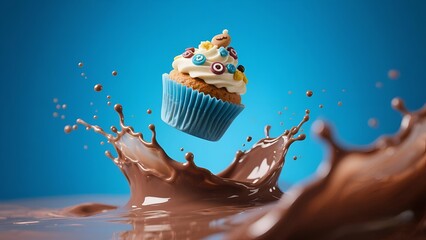 Colorful Cupcake with Cream Frosting and Chocolate Splash on Blue Background