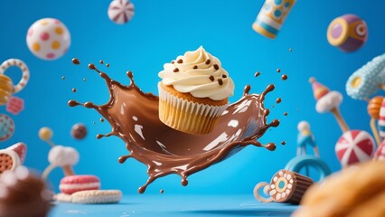 Colorful Cupcake with Cream Frosting and Chocolate Splash on Blue Background
