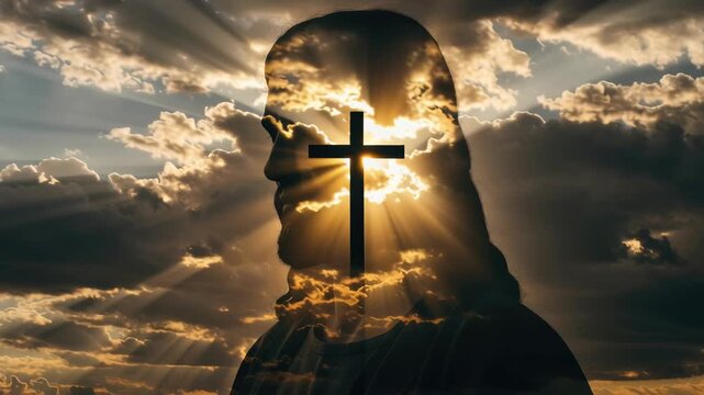 Silhouette of Jesus Christ superimposed with a cross and radiant sunset sky. Religious christian background for spiritual contemplation, footage.