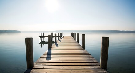 Obraz premium A Serene Wooden Pier Extends Into A Calm Lake Under A Bright, Clear Sky, With Long Shadows Cast Across The Planks. This Tranquil Scene Evokes Peace And Relaxation.
