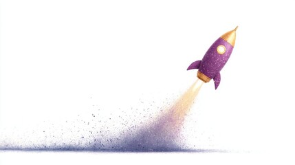 Purple toy rocket ship taking off on white background