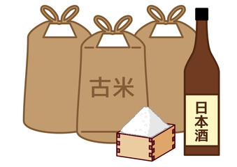 酒米と日本酒ボトルの和風デザイン