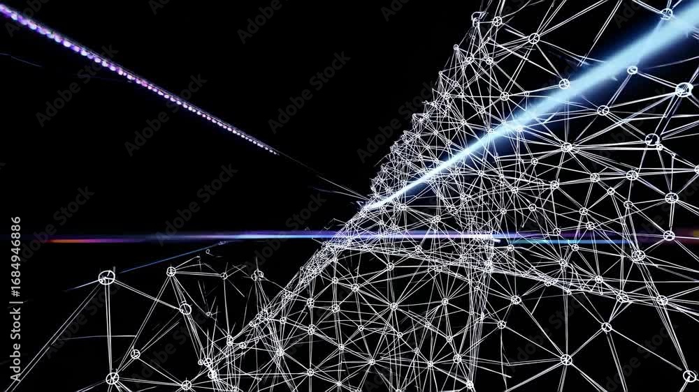 Poster futuristic 3d animation of a digital dot lattice network with dynamic light effects and dark backgro