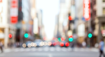 Obraz premium Urban City Street With Blurred Traffic And Building Lights Creating A Bright, Abstract Bokeh Effect. Ideal Background For Marketing And Digital Designs.