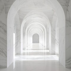 Infinite White Marble Corridor with Arched Passages – Minimalist Architectural Tunnel Leading into Light, Creating Depth and Serenity

