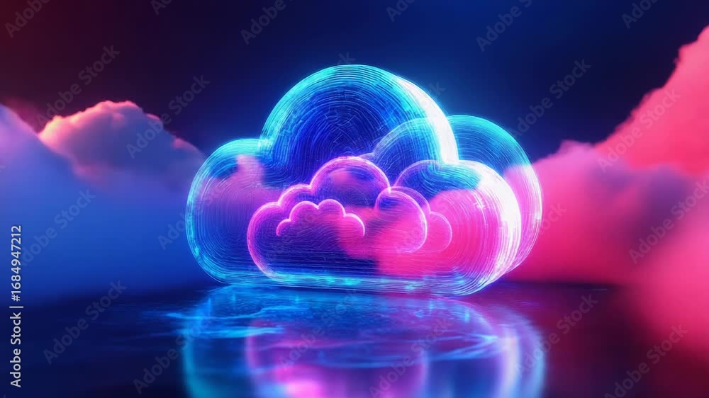 Poster cloud computing symbol reflecting on wet surface at night representing data storage and online servi