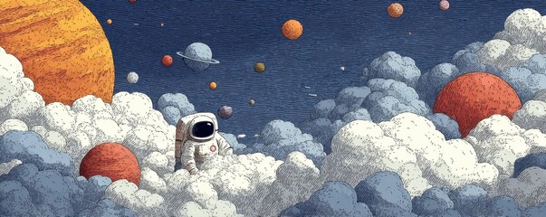 Cartoon astronaut exploring a fantastical world among clouds and colorful planets