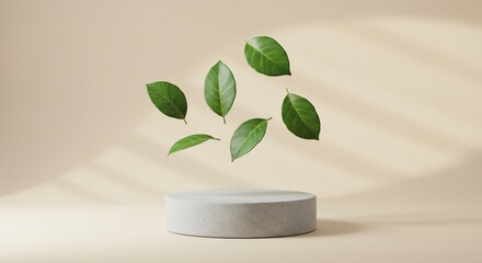Green leaves floating above round pedestal minimalist design natural light beige background