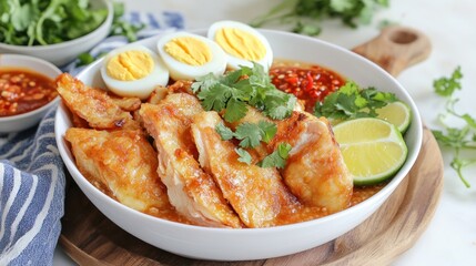 Bowl of savory chicken noodle soup with sliced boiled eggs and lime wedges