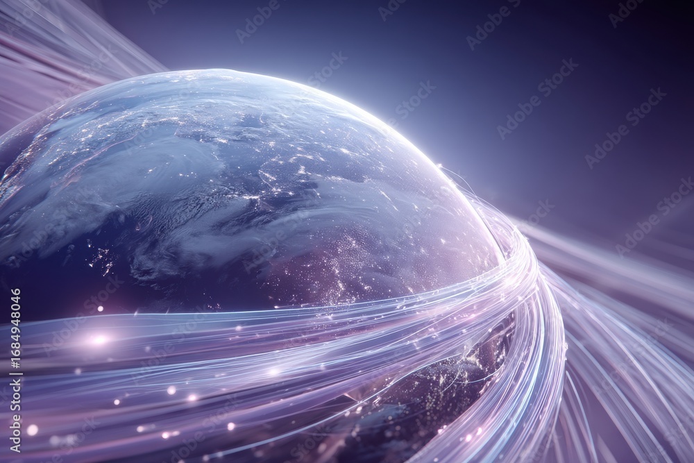 Poster digital visualization of earth with glowing technological network connections