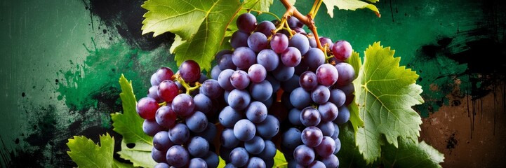 Fototapeta premium Close up of fresh purple grapes with green leaves. Harvest season and winemaking concept. Natural fruity food for a healthy diet.