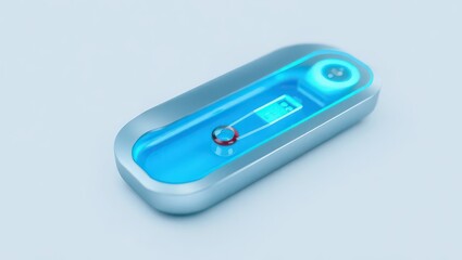 A futuristic device with a blue liquid compartment and a ring on a white background surface