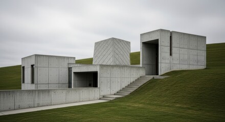 Modern concrete structures sit atop a grassy hill, showcasing a minimalist architectural design.