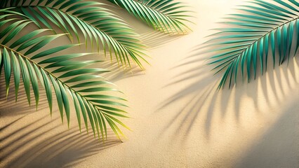 Fototapeta premium Lush green palm fronds cast dynamic shadows on a serene, sunlit sandy background, evoking tropical tranquility