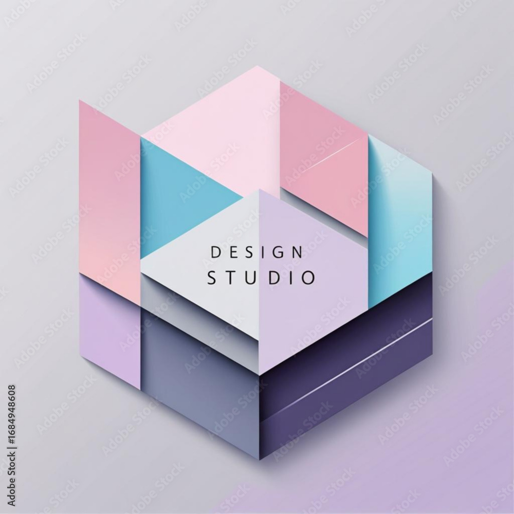 Poster isometric representation of geometric shapes forming hexagon with pastel color palette and studio te