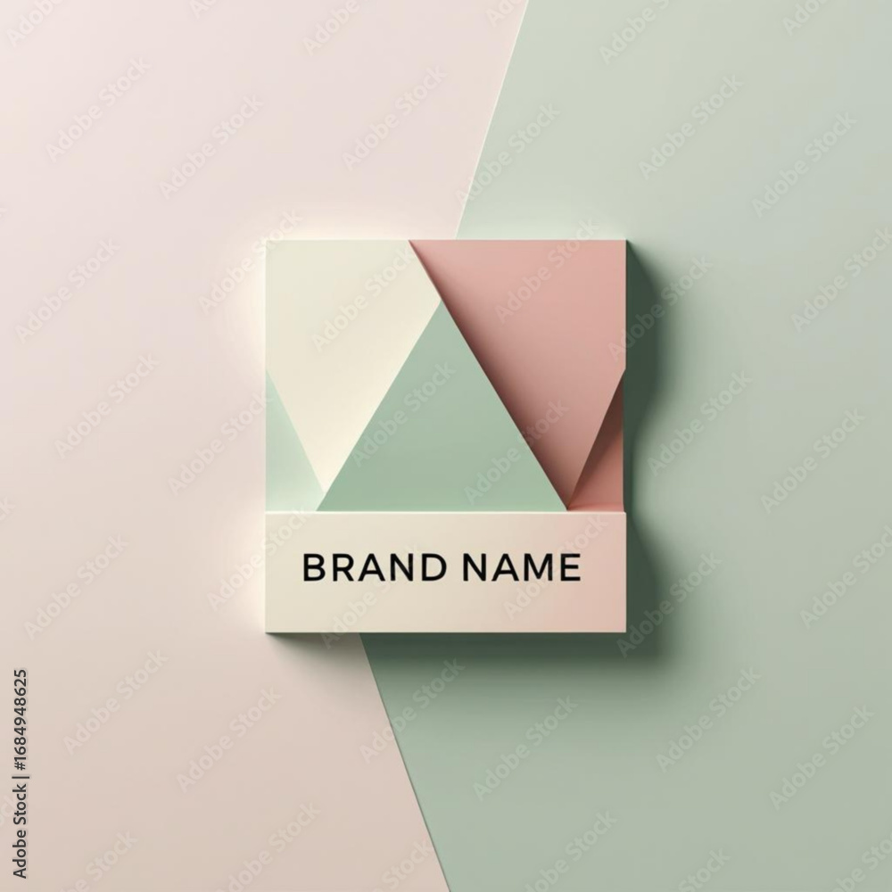 Poster geometric design with pastel shades and brand name displayed on rectangular block over split tone su