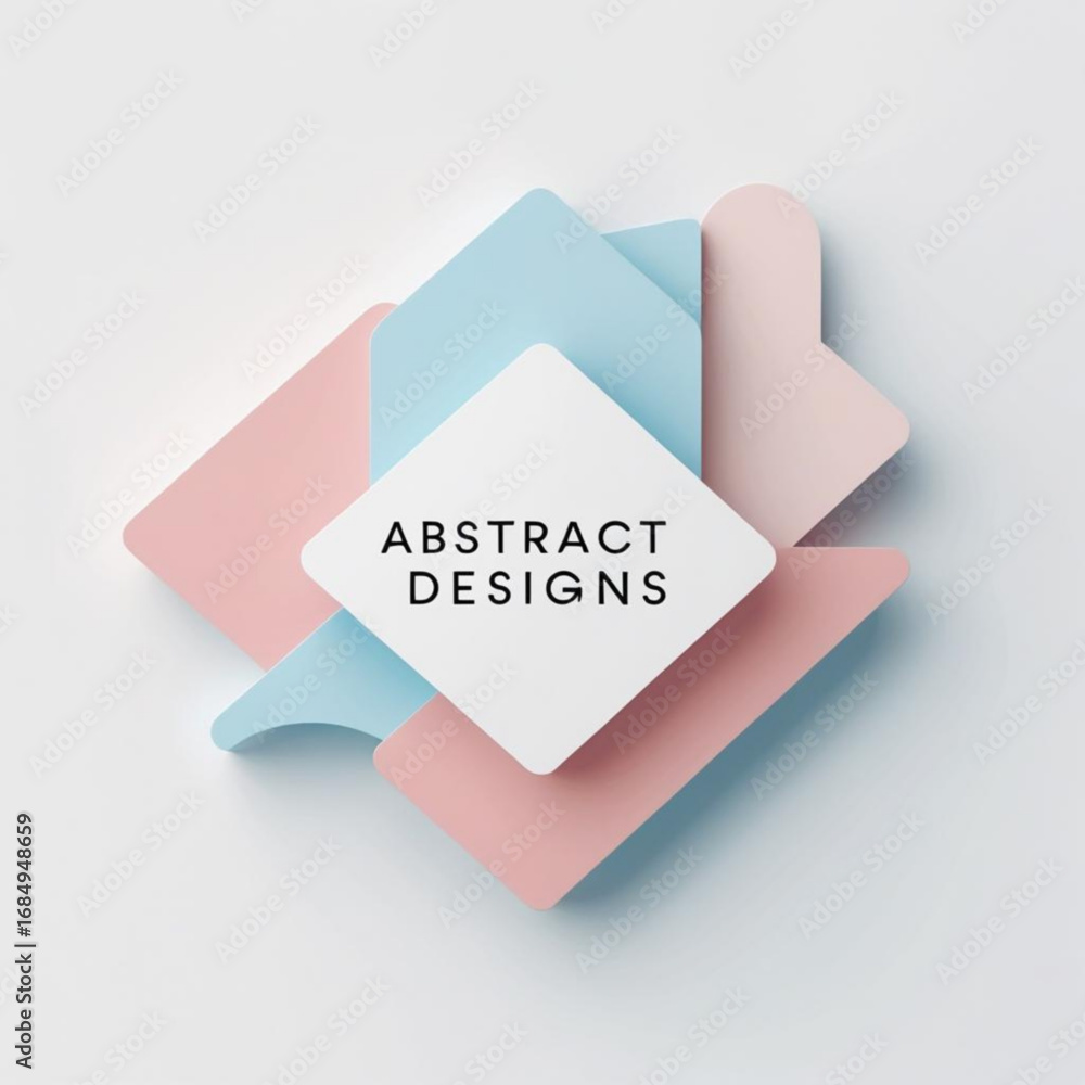 Poster composition featuring stacked geometric shapes in pastel hues creating depth and visual interest des