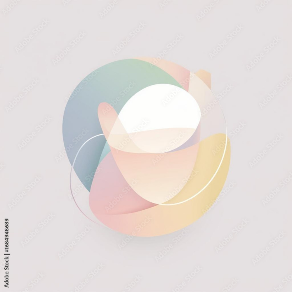 Poster pastel colored abstract sphere with swirling shapes and delicate lines on light gray background view