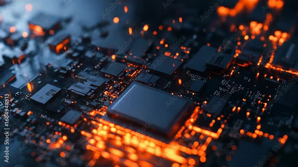 Poster cpu is glowing and processing data on motherboard with bokeh effect