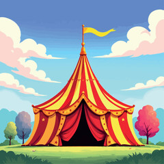 Fototapeta premium Vsai large circus tent standing in green meadow under blue sky