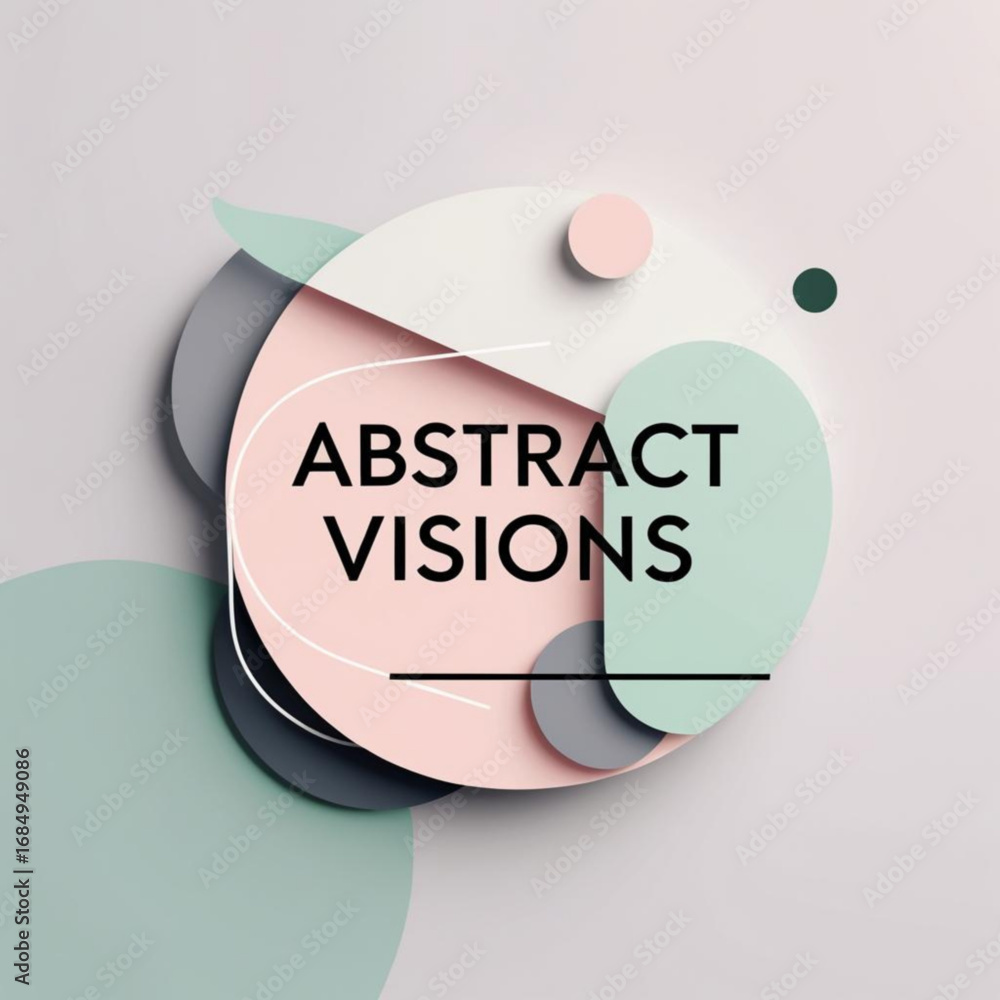 Poster composition of overlapping pastel circles and shapes creating an abstract design with soft shadows e
