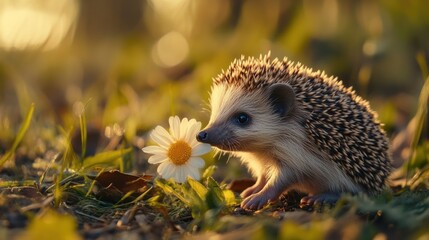 Fototapeta premium Tiny hedgehog near a daisy in sunlit meadow